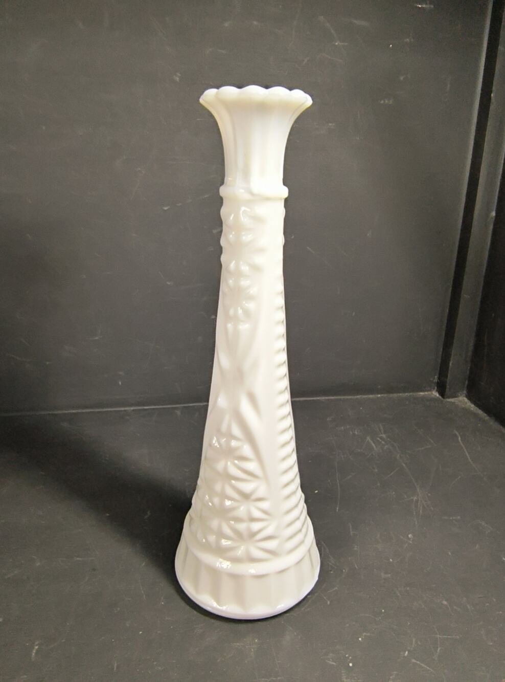 2210.  Vintage Anchor Hocking Milk Glass Stars and Bars 9 Inch Bud Vase